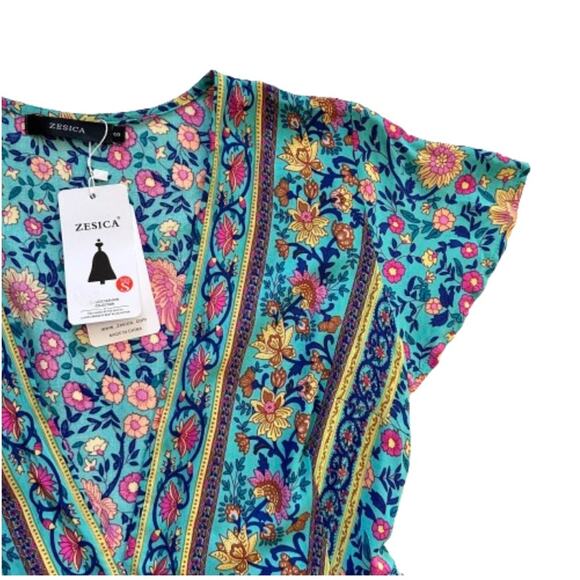 Zesica Blue Pink Floral Short Sleeve V-Neck Wrap Mini Summer Dress Small NEW - Picture 9 of 13